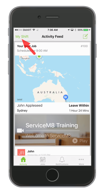 In the Activity screen, tap My Shift to show clock on/off menu