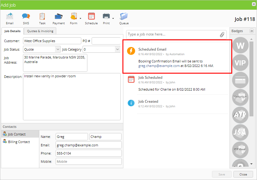 job diary notation of confirmation