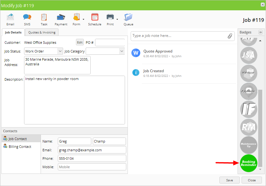 booking reminder badge in online dashboard
