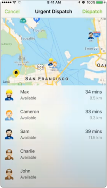 urgent dispatch map with distances from job