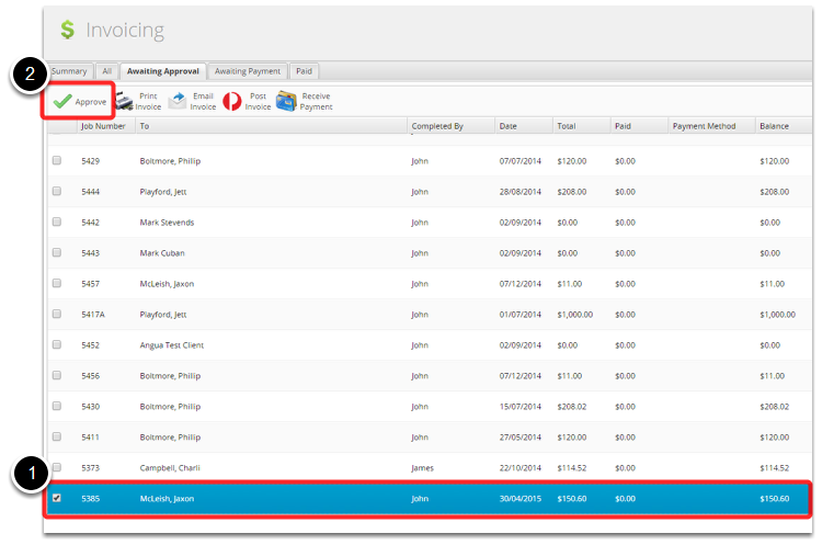 Online: On the Invoicing tab under awaiting approval, the accountant approves the job.