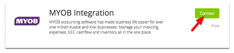 Click Connect on the MYOB integration add-on