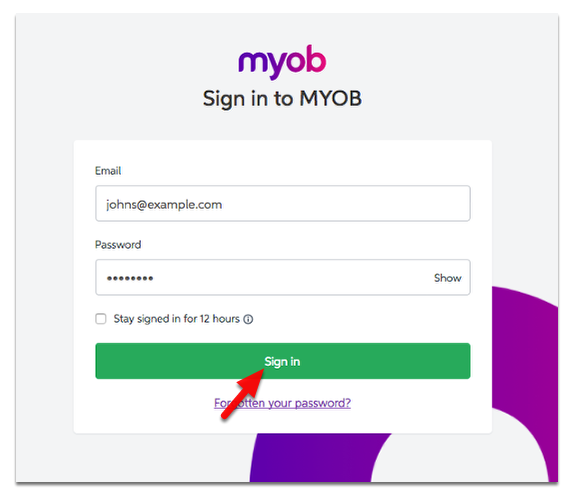 Log in to your MYOB account