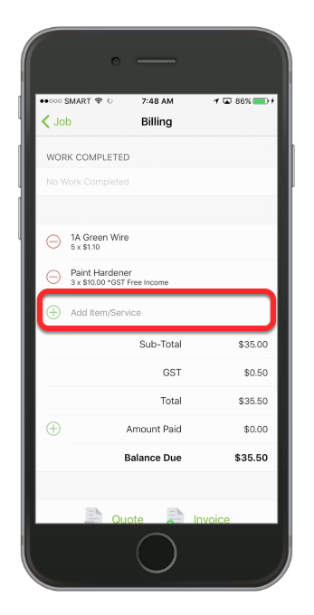 Now we will add an item that we don't have in our inventory. Tap Add Item/Service again.