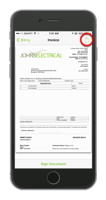 To email the invoice, tap the icon on the upper-right corner of the screen.