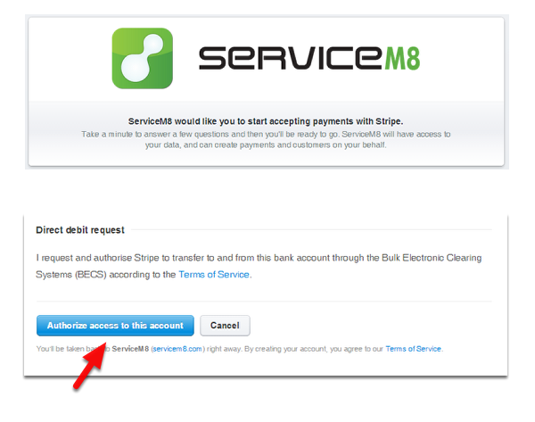 To start accepting payments with Stripe, click "Authorize access to this account" at the bottom of the page