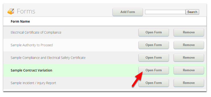 In the Forms page, select a form and click Open Form to modify it
