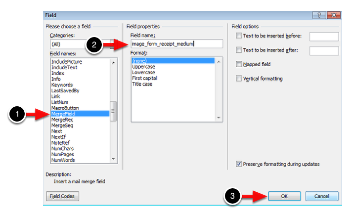 Go to Insert > Quick Parts > Field > MergeField and enter or copy and paste the form's field code from the form. Click Save.