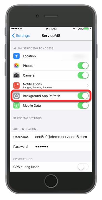 Make sure Background App Refresh is turned on under the ServiceM8 settings