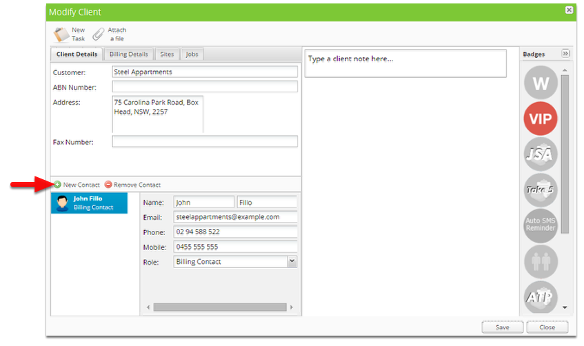 In the Modify Client, click New Contact