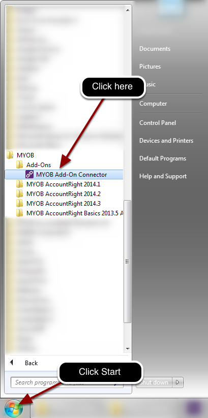 Locate the MYOB Add-on connector in the start menu.