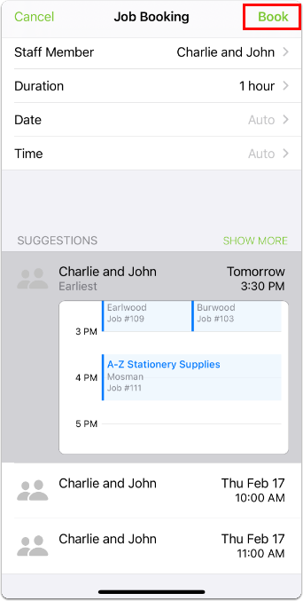 booking suggestions in the app