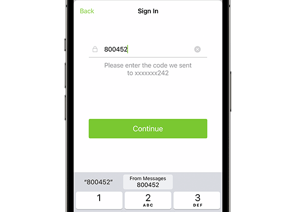 Two-step authentication code entry screen