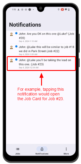 Notifications screen in the ServiceM8 Lite app for Android