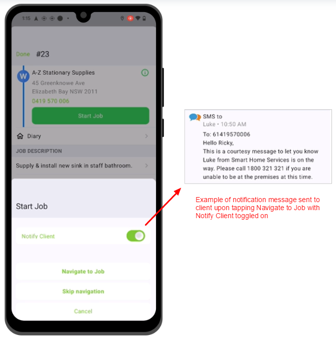 navigating to a job and sending an on-the-way text using the ServiceM8 Android app
