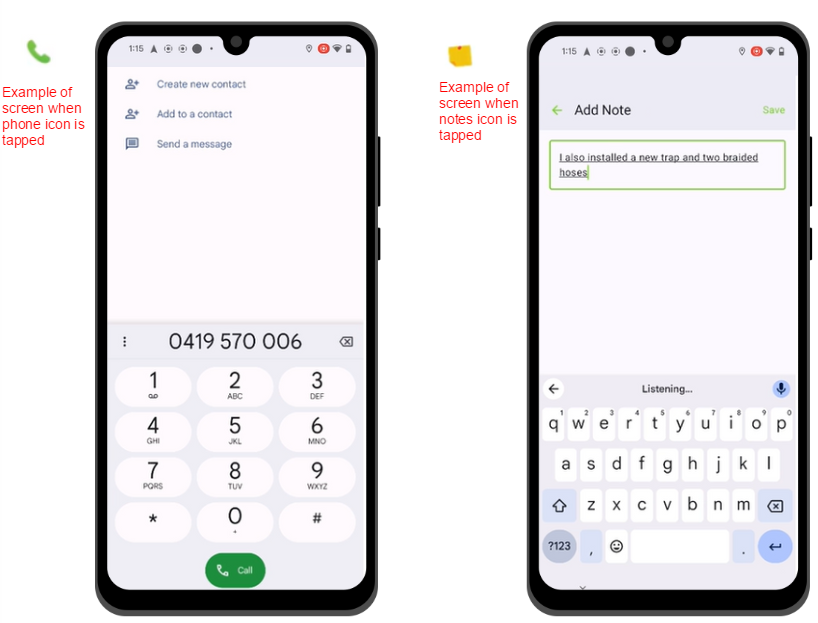 making calls or notes from the job card in ServiceM8 Lite for Android