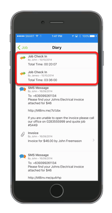 If you scroll through the diary, you'll see any entry for each staff member that has checked into this specific job, and the duration of the checkin