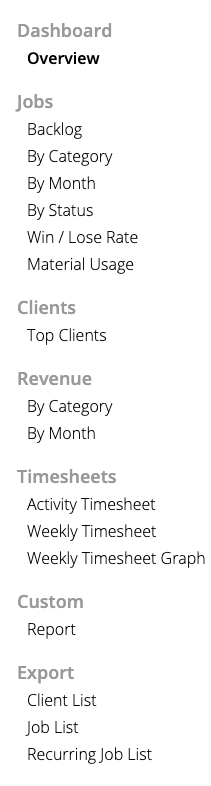List of available reports in side menu