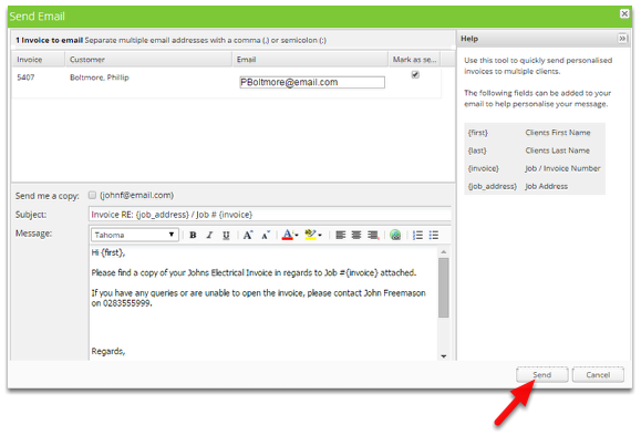 The email is auto filled with your email invoice template. Click Send once done.