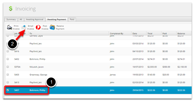To email the invoice, tick the job and click Email Invoice
