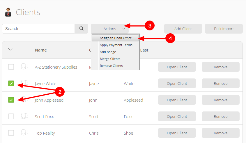 select clients and take action