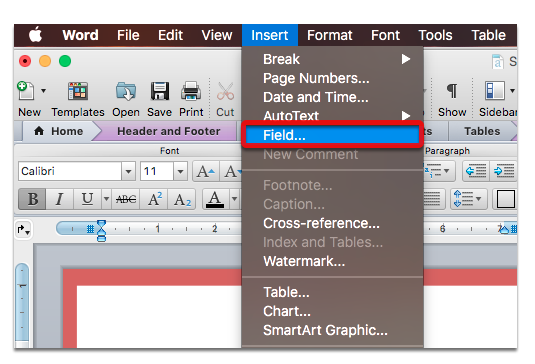 From the menu, select Insert > Field...
