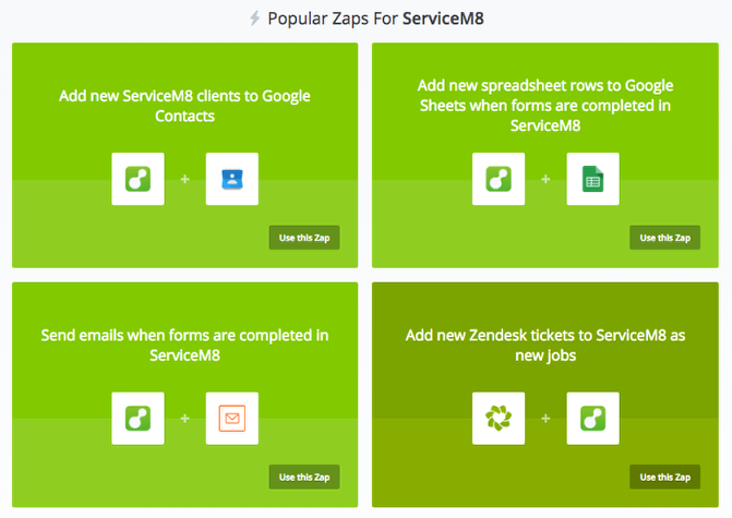 Browse the available zaps for ServiceM8