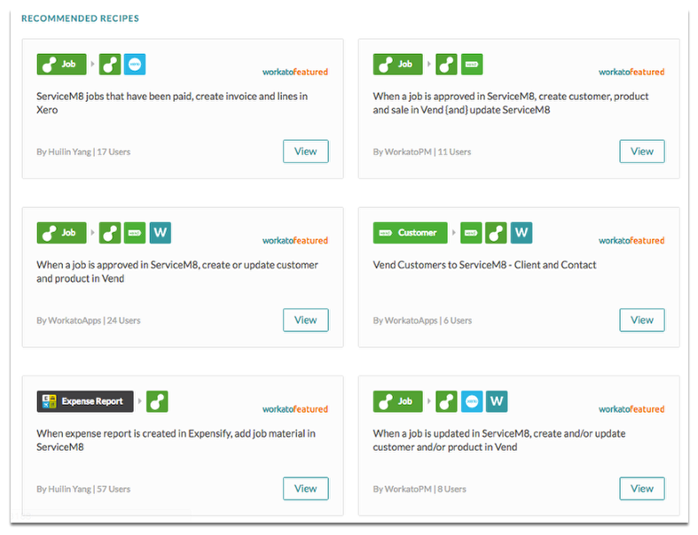 ServiceM8 available recipes that you can start with