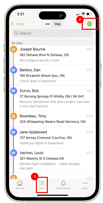 creating a new job from the iOS app