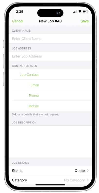 completing job card fields in the iOS app