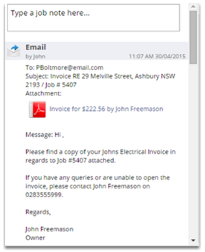 The email is saved in the diary for future reference.