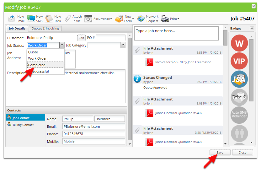 Change the job status to Completed, click Save