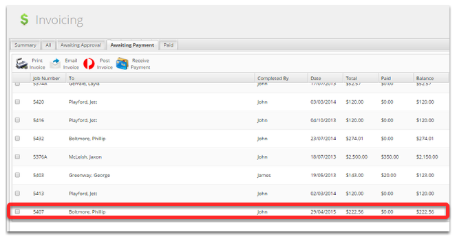 The job is now in the Awaiting Payment screen