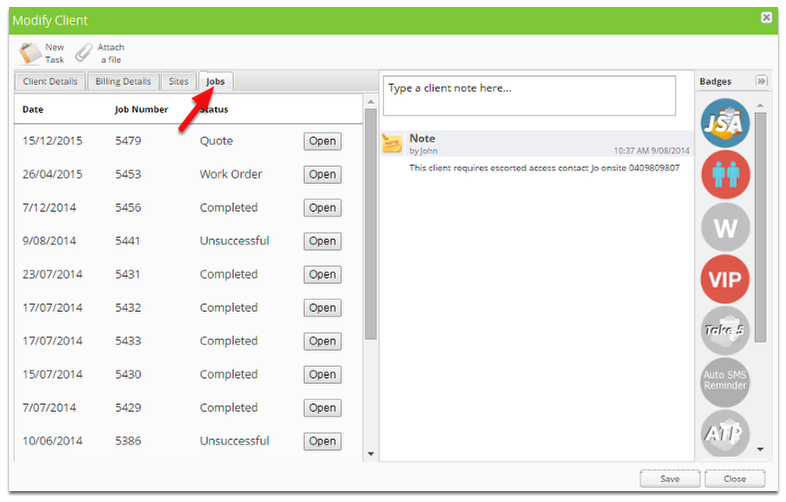 To view all jobs for a particular client, go to the Clients menu, lookup the client in question, and click the Jobs tab.