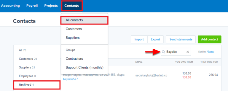 Archived contacts in Xero