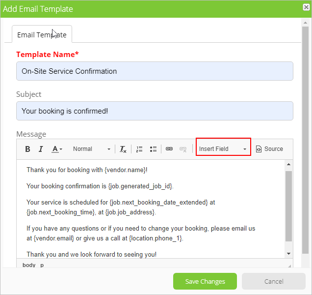 Add Email Template pop-up window