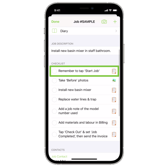 Completing a job checklist in the app