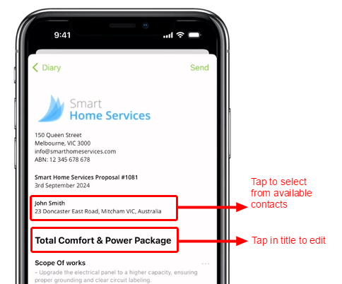 select contact type and edit proposal title