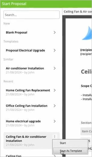 start proposal pane with New, Templates, Similar, and Recent proposals as suggested starting points