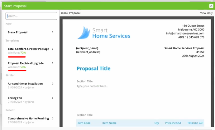 templates displaying win rates in ServiceM8 Proposals