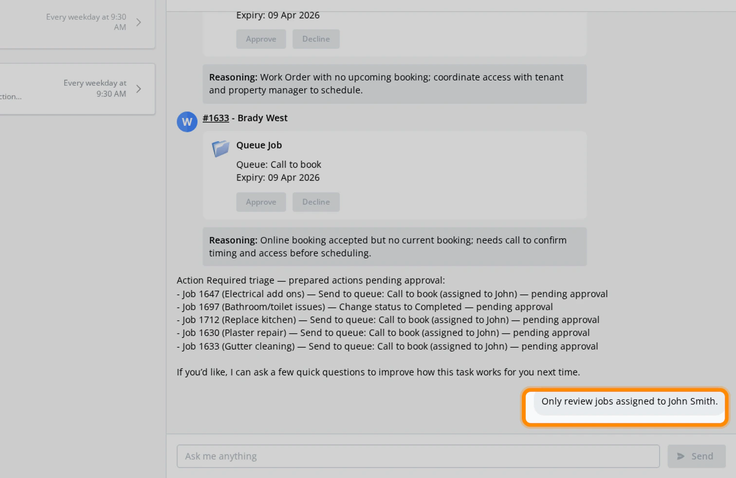 Replying in the task conversation with the correction message highlighted
