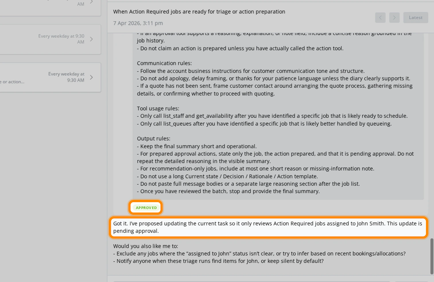 Approved task update highlighted in the Office Agent conversation