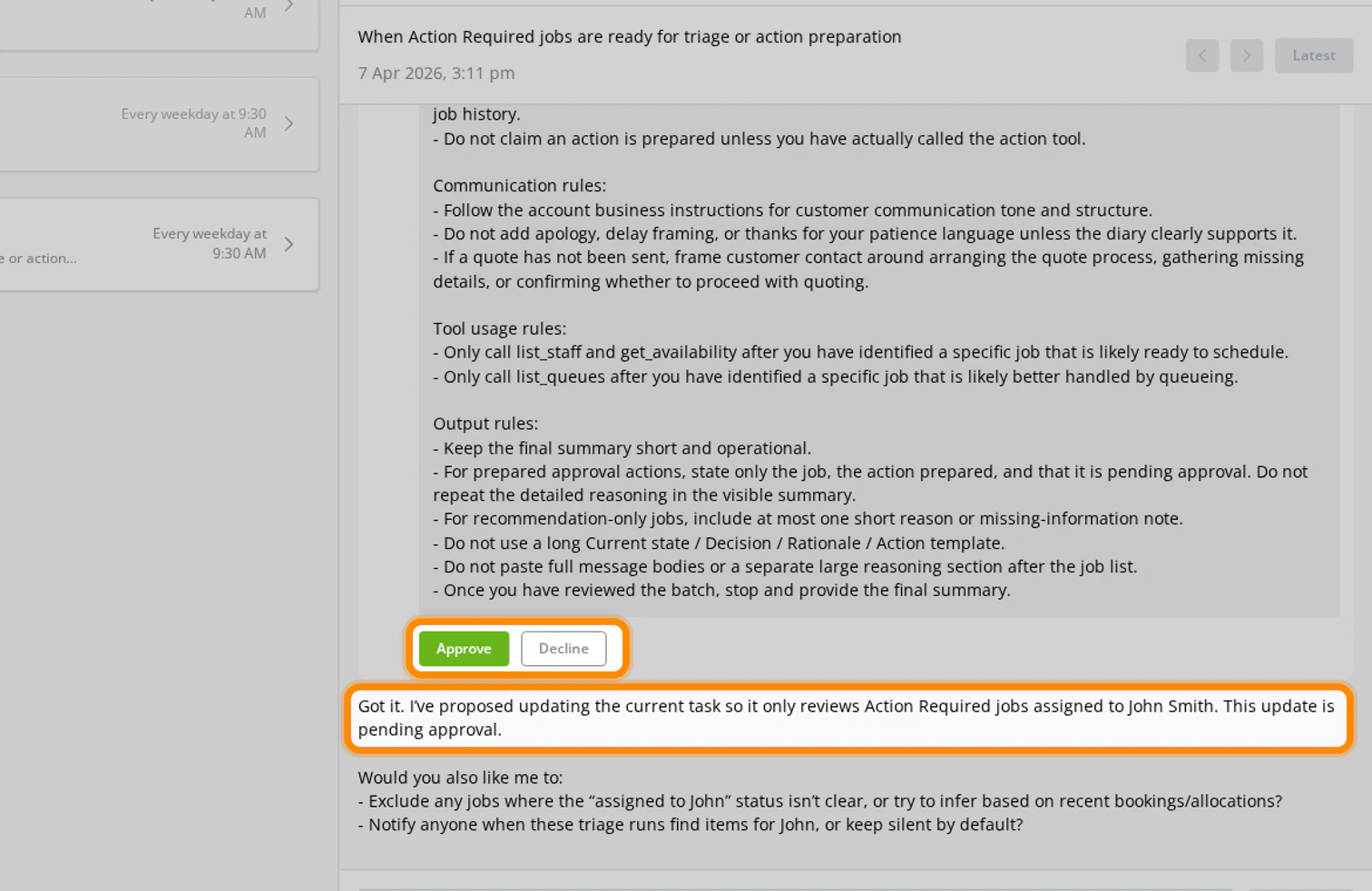 Office Agent proposing a task update with the approval controls highlighted