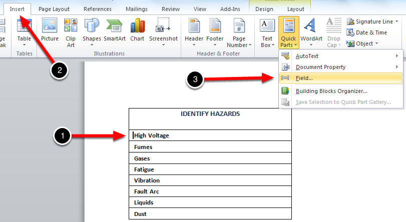 From the check list, select a row with the answer and click Insert > Quick Parts > Field