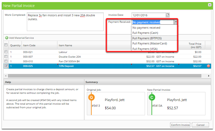 Click Payment Received and select a Full Payment type