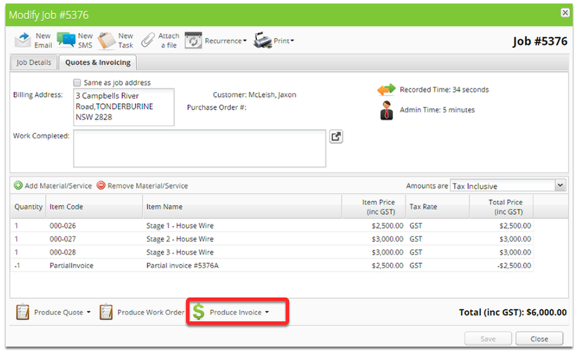 Click the arrow next to Produce Invoice