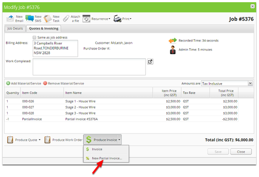 Click New Partial Invoice