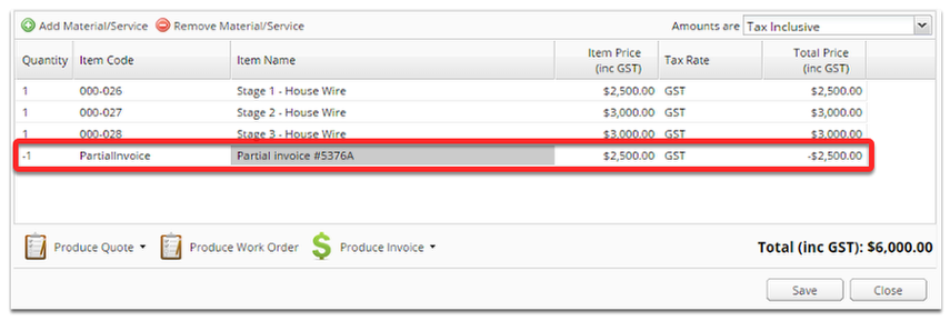 The original job will have a negative partial invoice item added.