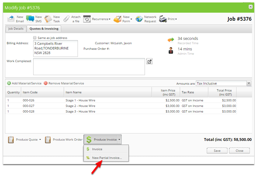 Click New Partial Invoice