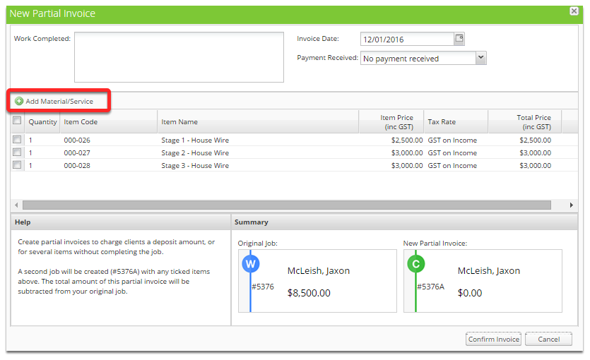Click Add Material/Service